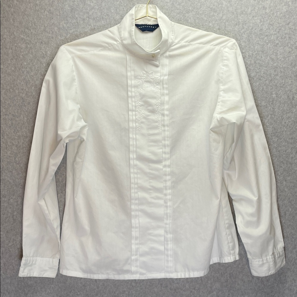 Nantucket Vintage Rare Tuxedo Formal Floral Embroidered White High Collar Top